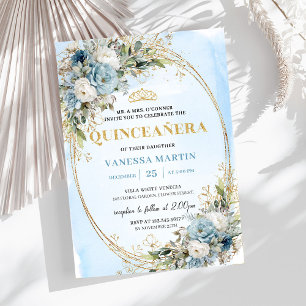 Strålande Pastell Blå Guld Eukalyptus Quinceañera Inbjudningar