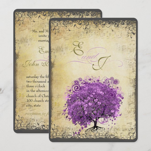 Strålande Purpur Hjärtblad Träd Bröllop Inbjudningar (Fram/baksida)