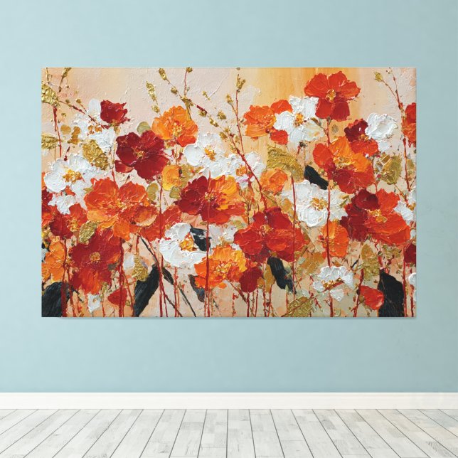 Strålande röd och gul blomstermässig abstrakt vägg canvastryck (Insitu (trägolv))