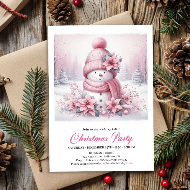 Strålande Rosa Coquette Snömannen Barn Jul  Inbjudningar (Radiant Pink Coquette Snowman Kids Christmas Invite File)