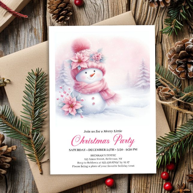 Strålande Rosa Snömannen Digital Barn Julfest  Inbjudningar (Radiant Pink Snowman Digital Kids Christmas Party Invite)