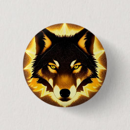 Strålande vargansikte upplyst av gyllene ljus knapp