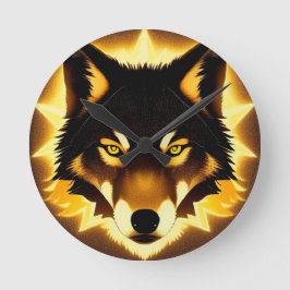 Strålande vargansikte upplyst av gyllene ljus rund klocka