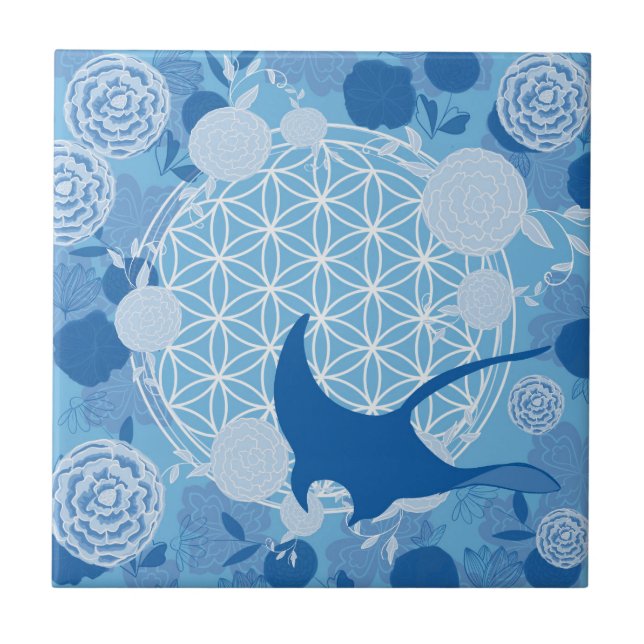 stråle,livets blomma, blå, mandala,zen,chakra,möns kakelplatta (Framsidan)