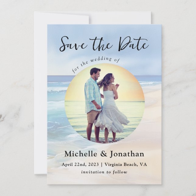 Strand Akvarell Hav Foto Kristet Bröllop Spara Datumet (Framsida)