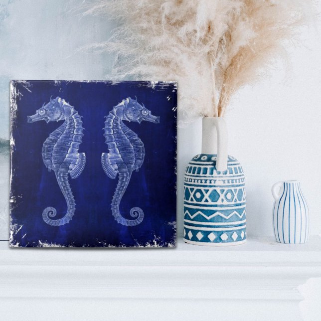 strand älskare vid havets havsabborre kakelplatta (beach lover coastal ocean blue seahorses ceramic tile)