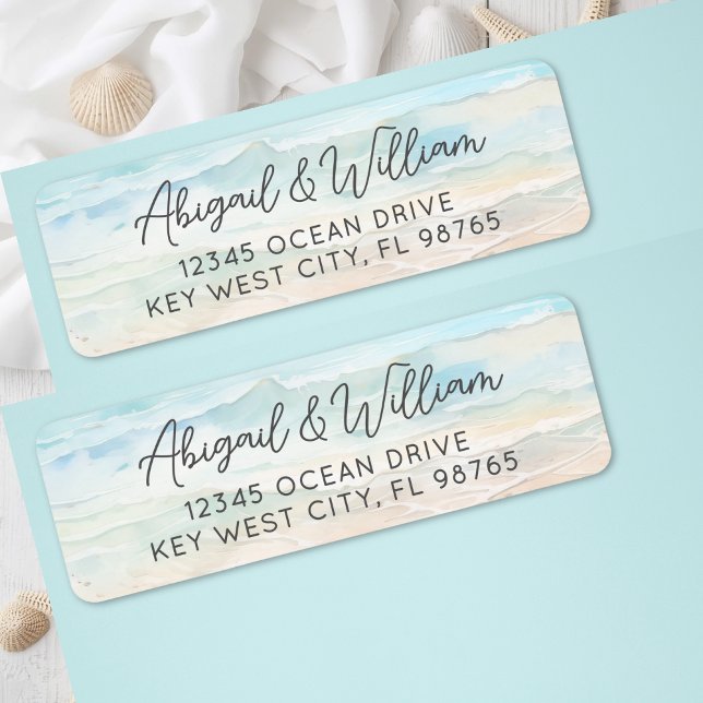 Strand Aquarell Bröllop Returadress Etikett (Beach Watercolor Wedding Return Address Label)