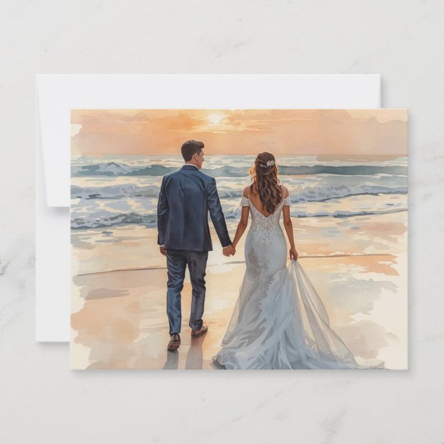 Strand Aquarell Brud & Brudgum Målad Bröllop OSA Kort (Framsida)
