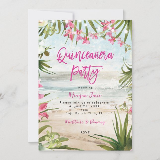 strand av tropiska blommigtar quinceanera party inbjudningar (Framsida)