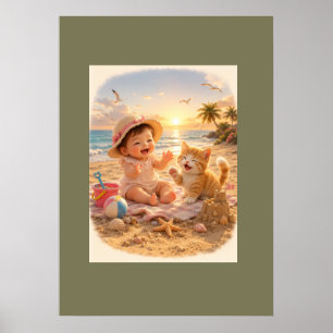 Strand Baby och Kittens Sandslott Glädje Poster