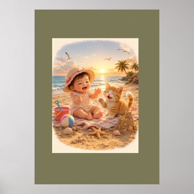 Strand Baby och Kittens Sandslott Glädje Poster (Framsidan)