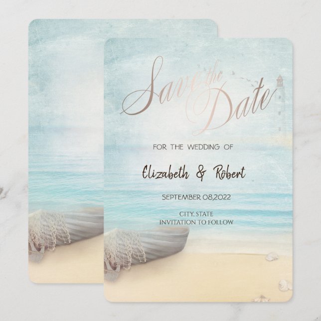Strand Båt Fyrtorn Save The Date Spara Datumet (Fram/baksida)