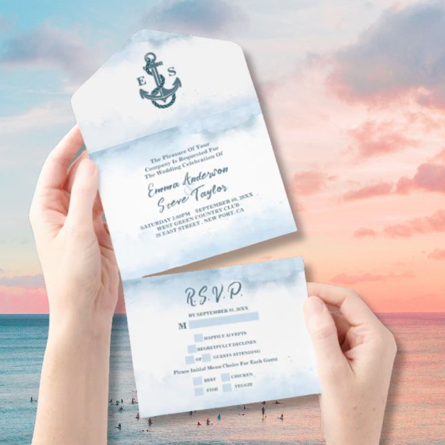 Strand Blått Akrylmålning Ankare Marin Bröllop (Beach Blue Watercolor Anchor Nautical Wedding All In One Invitation)