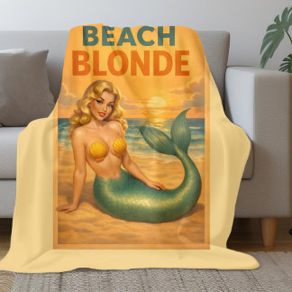 Strand Blond Pin-Up Havsfröken | Gul Retro Kust Fleecefilt