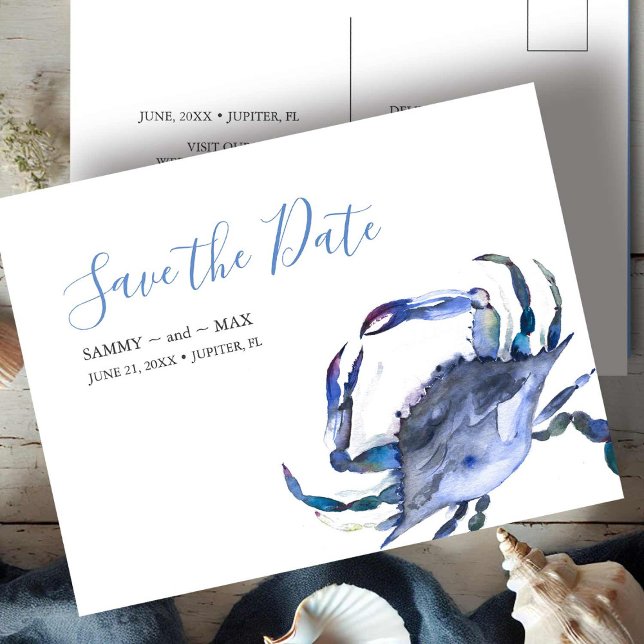 Strand Bröllop Sparadatum-inbjudan utan foto Vykort (beach wedding save the date postcards watercolor blue crab art by Victoria Grigaliunas DoTellABelle)
