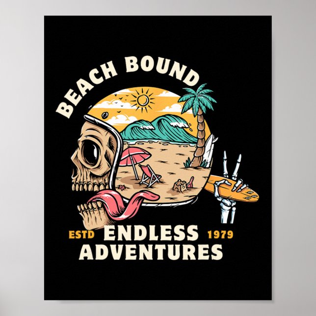 Strand, Bund Skull Huvtröja Surfing Skelett Äventy Poster (Framsidan)