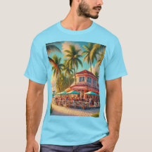 Strand Cafe Aruba Tropisk Blå T-Shirt