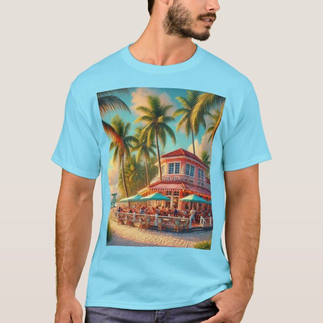 Strand Cafe Aruba Tropisk Blå T-Shirt (Framsida)