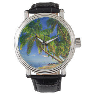Strand för ö för kokosnötpalmträd sandig trop armbandsur