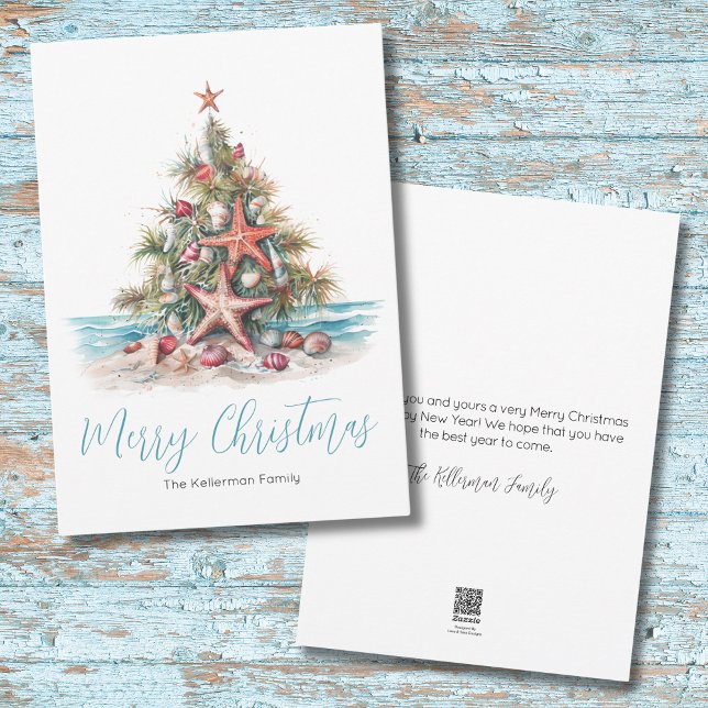 Strand God Jul Julkort (Shell Beach Merry Christmas Tree Holiday Card)