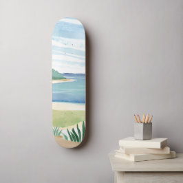 Strand Gräs Bukt | Akvarell Ocean Kust Hav Mini Skateboard Bräda 18,5 Cm