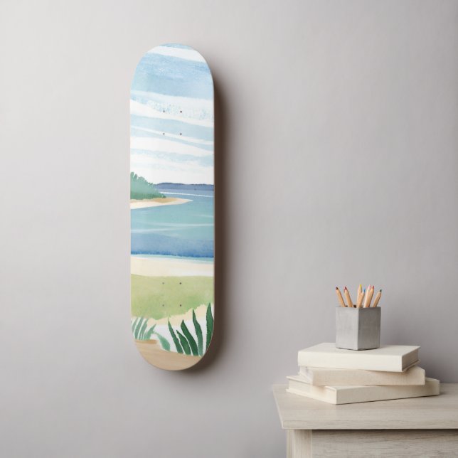 Strand Gräs Bukt | Akvarell Ocean Kust Hav Mini Skateboard Bräda 18,5 Cm (Väggkonst)