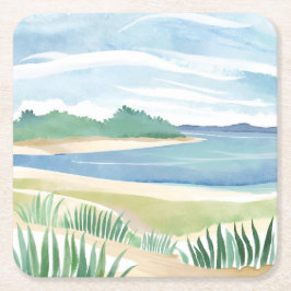 Strand Gräs Bukt | Akvarell Ocean Kust Hav Underlägg Papper Kvadrat