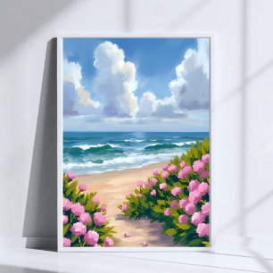 Strand i blom Rosa Hydrangea Havsnära Kust Poster