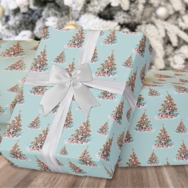 Strand Julgran Mönster Presentpapper (Beach Christmas Tree Shell Pattern Wrapping Paper)