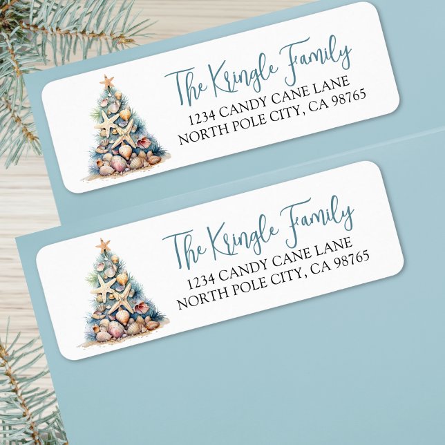 Strand Julgran Returadress Etikett (Beach Christmas Tree Return Address label )