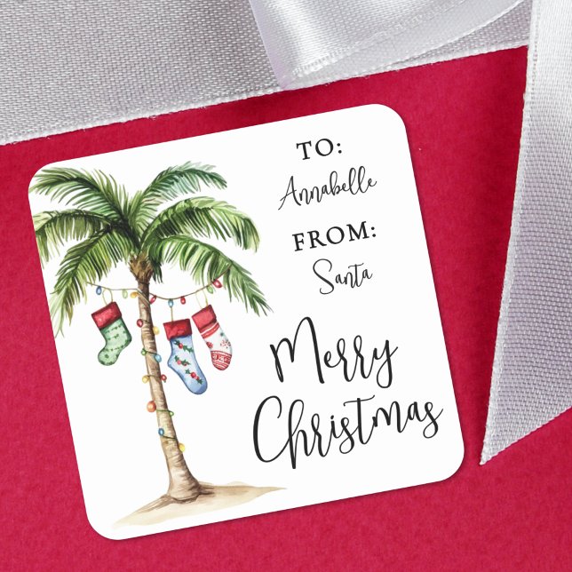 Strand Julklapps Klistermärke (Palm Tree Tropical Christmas Gift Tag Sticker)