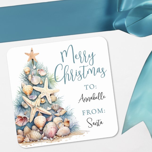 Strand Julklappsdekal Etikett (Beach Christmas Gift Tag Sticker)