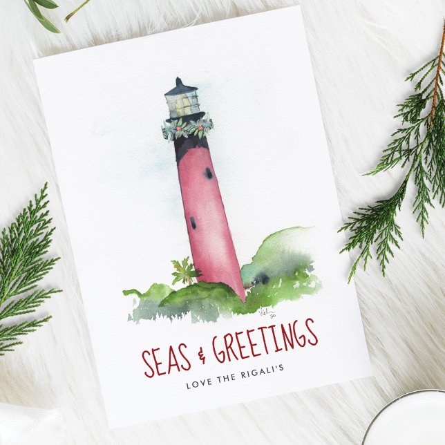 Strand julkort akvarell fyr helgkort (Beach Christmas Card Watercolor Lighthouse Florida holiday art by Victoria Grigaliunas)
