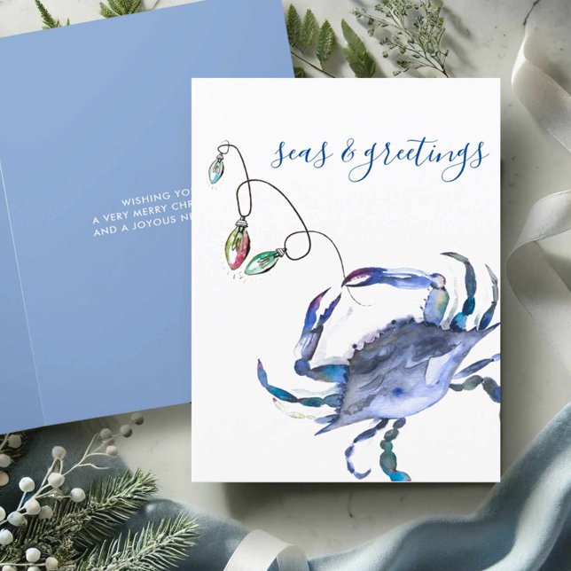 Strand Julkort Blå Akvarell Krabba Helgkort (Watercolor Christmas cards beach theme blue crab art by Victoria Grigaliunas of Do Tell A Belle)