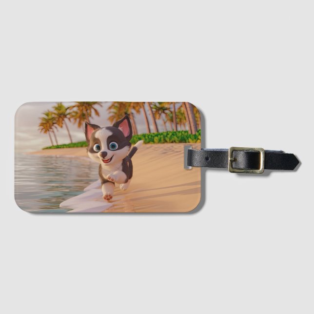 strand, kokosnötsalt träd, hund tecknad bagagebricka (Framsida horisontal)