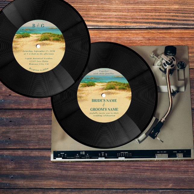 Strand Kust Vinyl Skiva Bröllop Inbjudningar (Beach Coastal Vinyl Music Record Wedding Invitation)