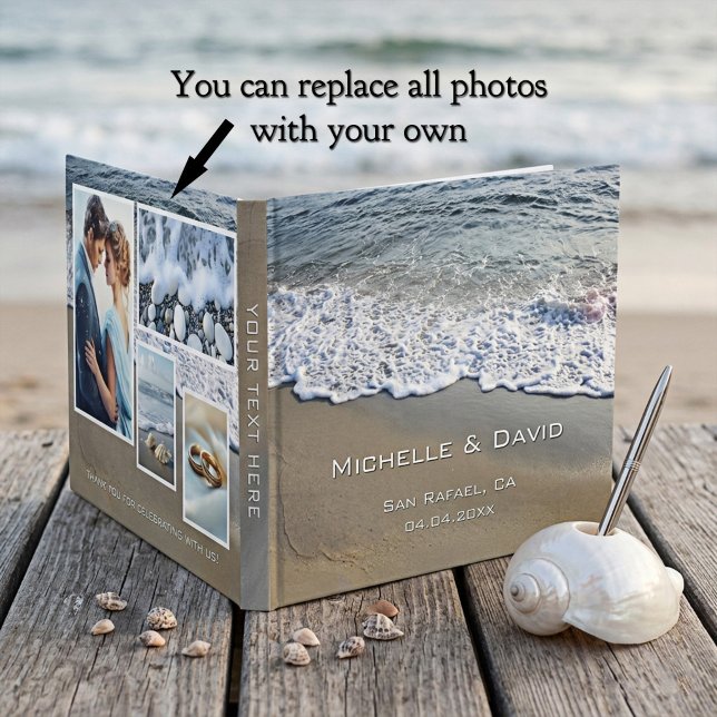 Strand Kustlinje Kustbröllopsfoto Gästböcker (Beach or destination wedding guest book featuring waves and a collage with your custom photos)