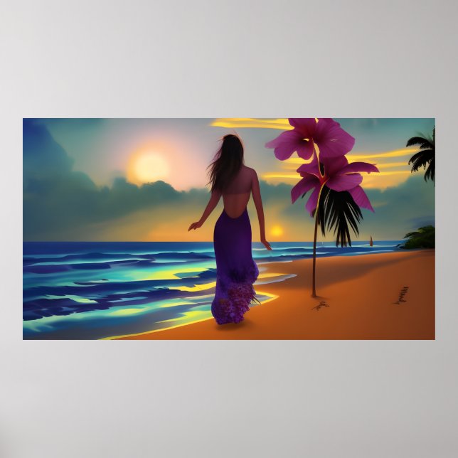 Strand månsken promenad kvinna hav lila palmer  poster (Framsidan)