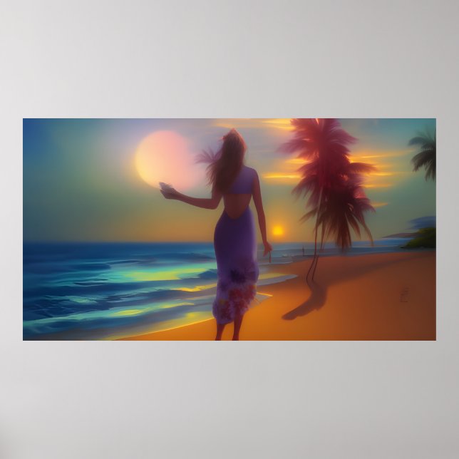 Strand månsken promenad kvinna hav sand palmer poster (Framsidan)