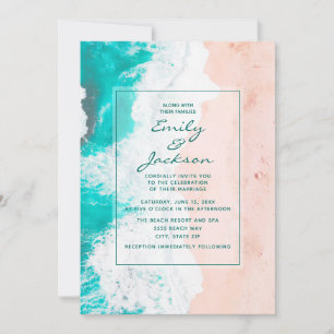 Strand Ocean Tropisk Teal Vit Brun Bröllop Inbjudningar