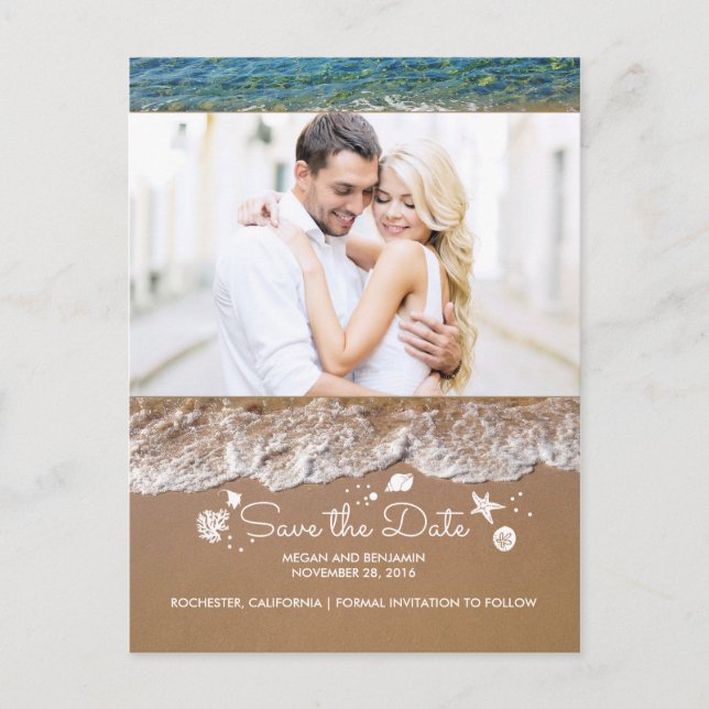 Strand och havsskatter Foto Spara datumet Meddelande Vykort (Framsida)