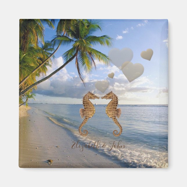 Strand,Palm,Sjöhästar I Kärlek -Personlig Magnet (Framsidan)