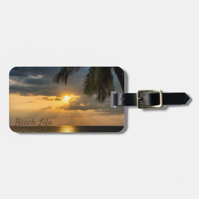 Strand, Palm, Solnedgång -Personlig Bagagebricka (Horisontell Framsida)