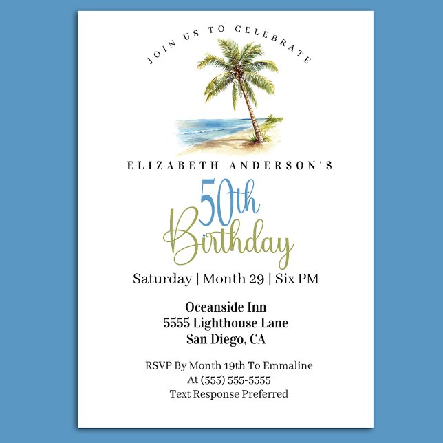 Strand Palmlängd 50-årsdag Inbjudningar (Tropical beach palm tree 50th birthday party invitation with coastal ocean theme and elegant script )