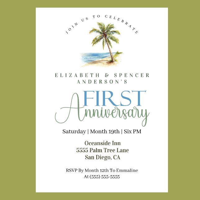 Strand Palmträd 1-års bröllopsdag Inbjudningar (Tropical beach palm tree 1st wedding anniversary invitation coastal seaside celebration
)