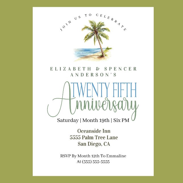 Strand Palmträd 25-års bröllopsjubileum Inbjudningar (Tropical beach palm tree 25th wedding anniversary invitation coastal seaside celebration
)
