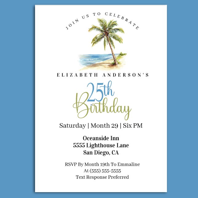 Strand Palmträd 25-årsdag Inbjudningar (Tropical beach 25th birthday invitation with palm tree ocean watercolor design)