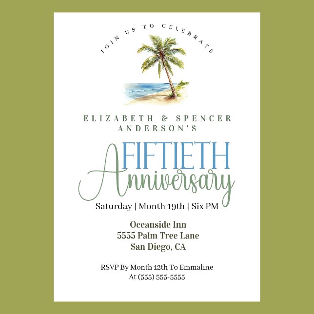 Strand Palmträd 50-års Bröllopsjubileum Inbjudningar (Tropical beach palm tree 50th wedding anniversary invitation coastal seaside theme
)