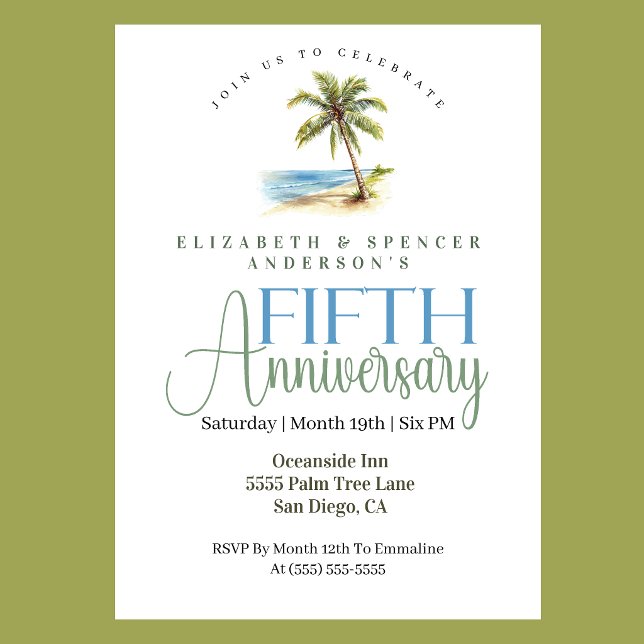 Strand Palmträd 5-års bröllopsdag Inbjudningar (Tropical beach palm tree 5th wedding anniversary invitation coastal seaside celebration
)