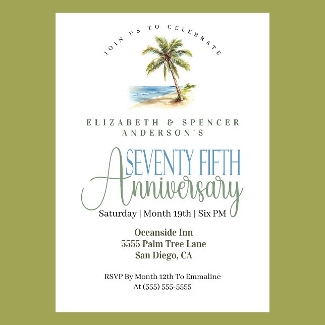 Strand Palmträd 75-års bröllopsjubileum Inbjudningar (Tropical beach palm tree 75th wedding anniversary invitation coastal seaside theme
)